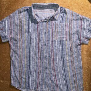Women Small Blue Stripe Collar Button Up Roll‎ up Short Sleeve Poly Shirt (P)